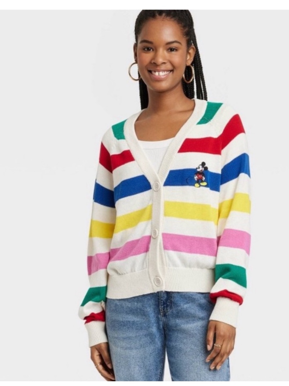 Disney 100 Target | Multicolor Striped V-Neck Cardigan with Mickey Patch
